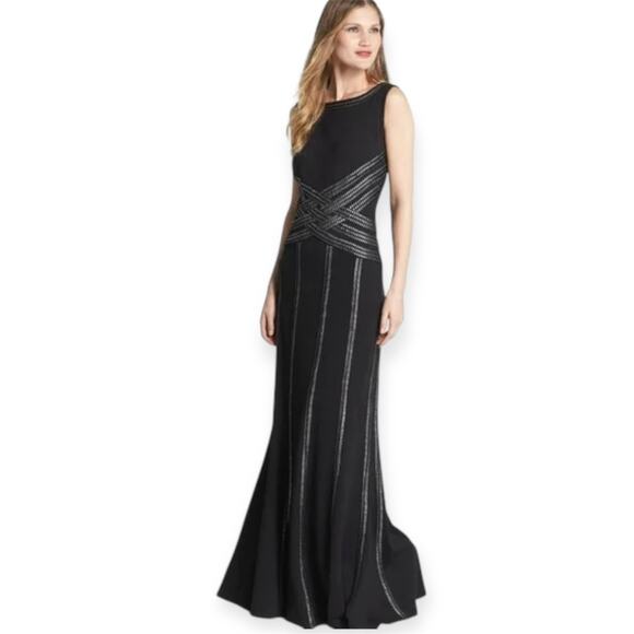 Tadashi Shoji Jersey Sleeveless Foil Print Gown Black Size Medium EUC - Picture 1 of 12